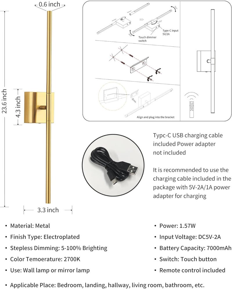 KDG Cordless Wall Sconces with Remote Control, Wireless 5200mAh Rechargeable Battery Operated LED Wall Lamps, 360° Rotate Lightings for Wall Painting, Bedroom, Hallway, Night Light 23.6 inch (Gold) - Image 4